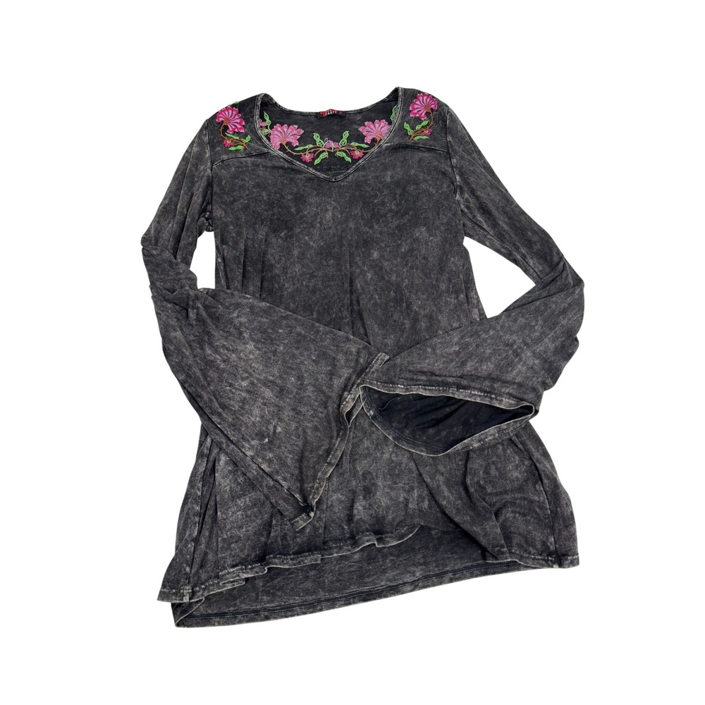 T-Party Vintage Y2K Whimsigoth Mineral Wash Floral Embroidered Bell Sleeve Tunic